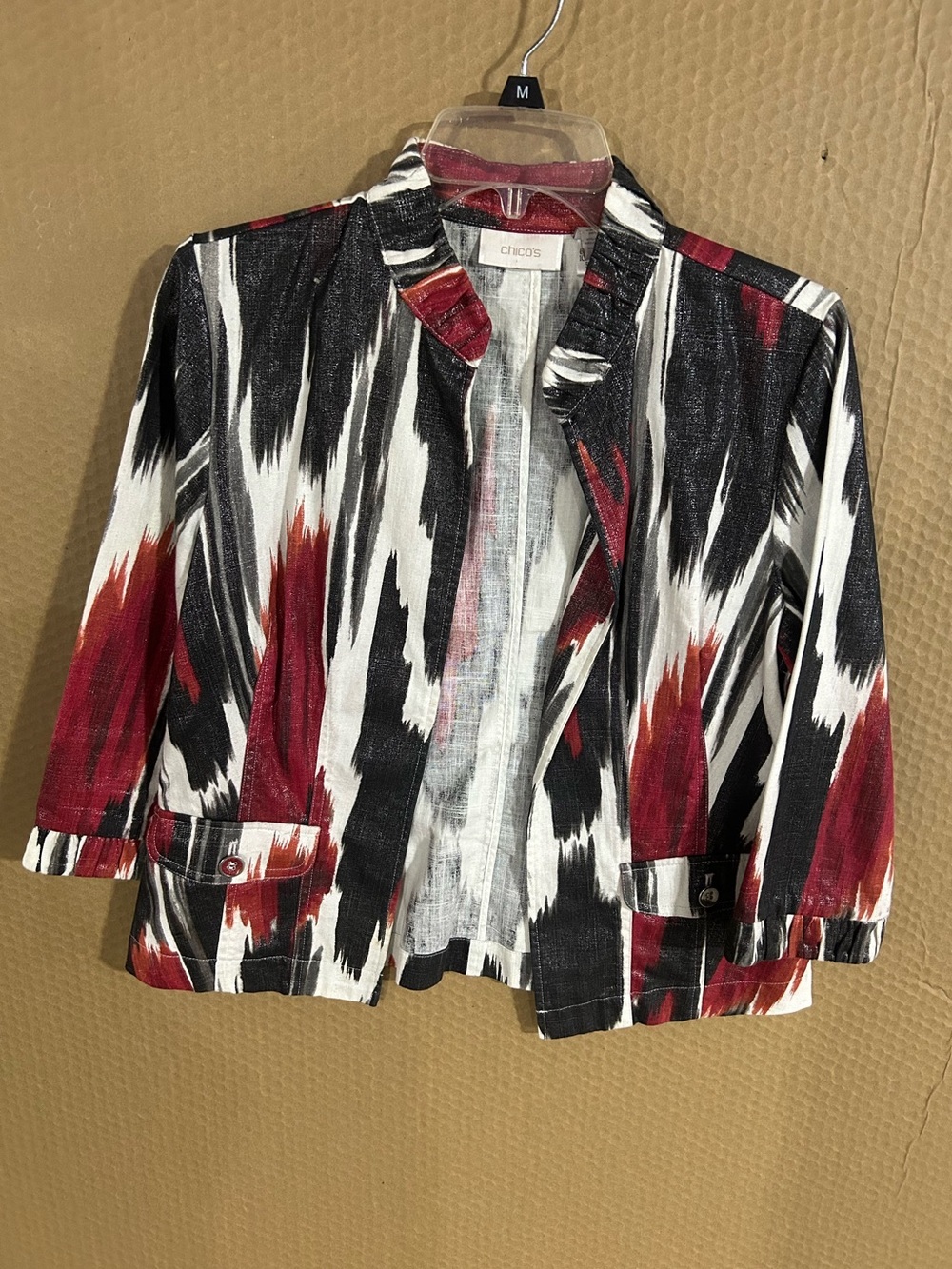 Chico's Red Black White Abstract Print Cropped Blazer